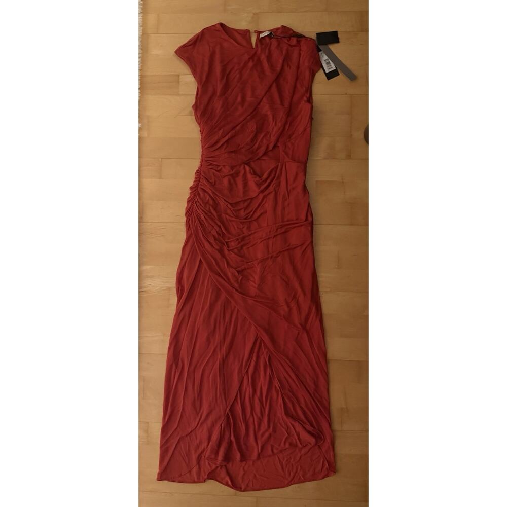 Halston Heritage Draped Jersey Cut Out Criss Cross Gathered Chili Red Dress 8 - Picture 5 of 7